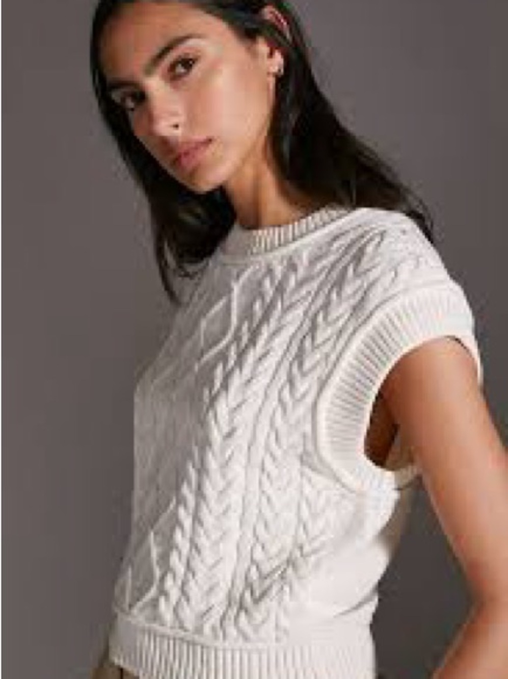 Anthropologie Ivory Cable-Knit Sleeveless Crew Sweater